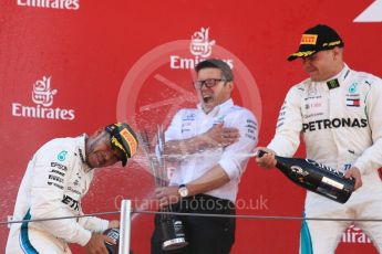 World © Octane Photographic Ltd. Formula 1 – Spanish GP - Sunday Podium. Mercedes AMG Petronas Motorsport AMG F1 W09 EQ Power+ - Lewis Hamilton (1st) Valtteri Bottas (2nd) with Peter Bonnington – Race Engineer. Circuit de Barcelona-Catalunya, Spain. Sunday 13th May 2018.