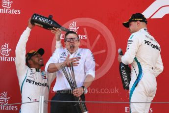 World © Octane Photographic Ltd. Formula 1 – Spanish GP - Sunday Podium. Mercedes AMG Petronas Motorsport AMG F1 W09 EQ Power+ - Lewis Hamilton (1st) Valtteri Bottas (2nd) with Peter Bonnington – Race Engineer. Circuit de Barcelona-Catalunya, Spain. Sunday 13th May 2018.