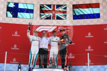 World © Octane Photographic Ltd. Formula 1 – Spanish GP - Sunday Podium. Mercedes AMG Petronas Motorsport AMG F1 W09 EQ Power+ - Lewis Hamilton (1st) Valtteri Bottas (2nd) and Aston Martin Red Bull Racing TAG Heuer RB14 – Max Verstappen (3rd) with Peter Bonnington – Race Engineer. Circuit de Barcelona-Catalunya, Spain. Sunday 13th May 2018.