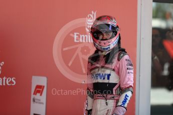 World © Octane Photographic Ltd. Formula 1 – Spanish GP - Sunday Parc Ferme. Sahara Force India VJM11 - Sergio Perez. Circuit de Barcelona-Catalunya, Spain. Sunday 13th May 2018.