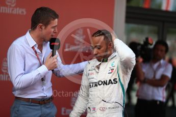 World © Octane Photographic Ltd. Formula 1 – Spanish GP - Sunday Parc Ferme. Mercedes AMG Petronas Motorsport AMG F1 W09 EQ Power+ - Lewis Hamilton being interviewed by Paul di Resta. Circuit de Barcelona-Catalunya, Spain. Sunday 13th May 2018.