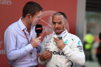 World © Octane Photographic Ltd. Formula 1 – Spanish GP - Sunday Parc Ferme. Mercedes AMG Petronas Motorsport AMG F1 W09 EQ Power+ - Lewis Hamilton being interviewed by Paul di Resta. Circuit de Barcelona-Catalunya, Spain. Sunday 13th May 2018.