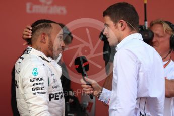 World © Octane Photographic Ltd. Formula 1 – Spanish GP - Sunday Parc Ferme. Mercedes AMG Petronas Motorsport AMG F1 W09 EQ Power+ - Lewis Hamilton being interviewed by Paul di Resta. Circuit de Barcelona-Catalunya, Spain. Sunday 13th May 2018.