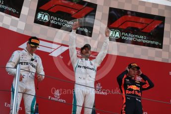 World © Octane Photographic Ltd. Formula 1 – Spanish GP - Sunday Podium. Mercedes AMG Petronas Motorsport AMG F1 W09 EQ Power+ - Lewis Hamilton (1st) Valtteri Bottas (2nd) and Aston Martin Red Bull Racing TAG Heuer RB14 – Max Verstappen (3rd). Circuit de Barcelona-Catalunya, Spain. Sunday 13th May 2018.