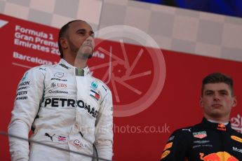 World © Octane Photographic Ltd. Formula 1 – Spanish GP - Sunday Podium. Mercedes AMG Petronas Motorsport AMG F1 W09 EQ Power+ - Lewis Hamilton (1st) and Aston Martin Red Bull Racing TAG Heuer RB14 – Max Verstappen (3rd). Circuit de Barcelona-Catalunya, Spain. Sunday 13th May 2018.