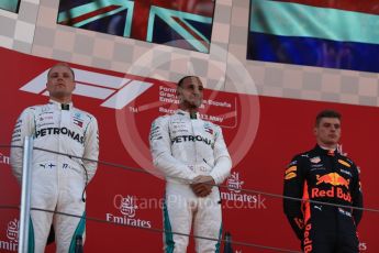 World © Octane Photographic Ltd. Formula 1 – Spanish GP - Sunday Podium. Mercedes AMG Petronas Motorsport AMG F1 W09 EQ Power+ - Lewis Hamilton (1st) Valtteri Bottas (2nd) and Aston Martin Red Bull Racing TAG Heuer RB14 – Max Verstappen (3rd). Circuit de Barcelona-Catalunya, Spain. Sunday 13th May 2018.