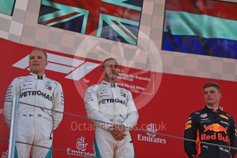 World © Octane Photographic Ltd. Formula 1 – Spanish GP - Sunday Podium. Mercedes AMG Petronas Motorsport AMG F1 W09 EQ Power+ - Lewis Hamilton (1st) Valtteri Bottas (2nd) and Aston Martin Red Bull Racing TAG Heuer RB14 – Max Verstappen (3rd). Circuit de Barcelona-Catalunya, Spain. Sunday 13th May 2018.