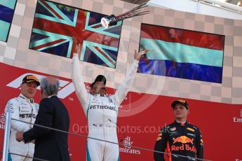 World © Octane Photographic Ltd. Formula 1 – Spanish GP - Sunday Podium. Mercedes AMG Petronas Motorsport AMG F1 W09 EQ Power+ - Lewis Hamilton (1st) Valtteri Bottas (2nd) and Aston Martin Red Bull Racing TAG Heuer RB14 – Max Verstappen (3rd). Circuit de Barcelona-Catalunya, Spain. Sunday 13th May 2018.