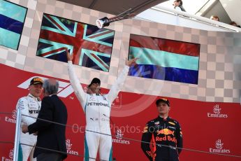 World © Octane Photographic Ltd. Formula 1 – Spanish GP - Sunday Podium. Mercedes AMG Petronas Motorsport AMG F1 W09 EQ Power+ - Lewis Hamilton (1st) Valtteri Bottas (2nd) and Aston Martin Red Bull Racing TAG Heuer RB14 – Max Verstappen (3rd). Circuit de Barcelona-Catalunya, Spain. Sunday 13th May 2018.