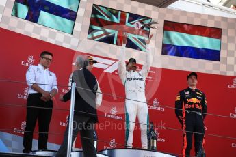 World © Octane Photographic Ltd. Formula 1 – Spanish GP - Sunday Podium. Mercedes AMG Petronas Motorsport AMG F1 W09 EQ Power+ - Lewis Hamilton (1st) Valtteri Bottas (2nd) and Aston Martin Red Bull Racing TAG Heuer RB14 – Max Verstappen (3rd) with Peter Bonnington – Race Engineer. Circuit de Barcelona-Catalunya, Spain. Sunday 13th May 2018.