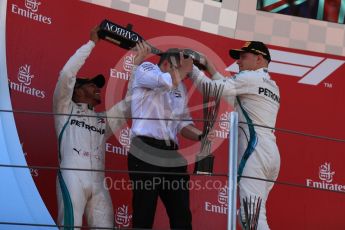 World © Octane Photographic Ltd. Formula 1 – Spanish GP - Sunday Podium. Mercedes AMG Petronas Motorsport AMG F1 W09 EQ Power+ - Lewis Hamilton (1st) Valtteri Bottas (2nd) with Peter Bonnington – Race Engineer. Circuit de Barcelona-Catalunya, Spain. Sunday 13th May 2018.