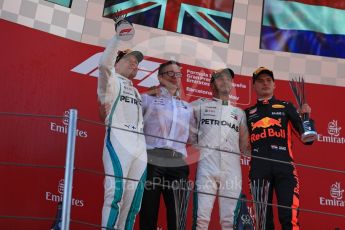 World © Octane Photographic Ltd. Formula 1 – Spanish GP - Sunday Podium. Mercedes AMG Petronas Motorsport AMG F1 W09 EQ Power+ - Lewis Hamilton (1st) Valtteri Bottas (2nd) and Aston Martin Red Bull Racing TAG Heuer RB14 – Max Verstappen (3rd) with Peter Bonnington – Race Engineer. Circuit de Barcelona-Catalunya, Spain. Sunday 13th May 2018.