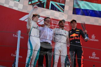 World © Octane Photographic Ltd. Formula 1 – Spanish GP - Sunday Podium. Mercedes AMG Petronas Motorsport AMG F1 W09 EQ Power+ - Lewis Hamilton (1st) Valtteri Bottas (2nd) and Aston Martin Red Bull Racing TAG Heuer RB14 – Max Verstappen (3rd) with Peter Bonnington – Race Engineer. Circuit de Barcelona-Catalunya, Spain. Sunday 13th May 2018.