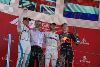 World © Octane Photographic Ltd. Formula 1 – Spanish GP - Sunday Podium. Mercedes AMG Petronas Motorsport AMG F1 W09 EQ Power+ - Lewis Hamilton (1st) Valtteri Bottas (2nd) and Aston Martin Red Bull Racing TAG Heuer RB14 – Max Verstappen (3rd) with Peter Bonnington – Race Engineer. Circuit de Barcelona-Catalunya, Spain. Sunday 13th May 2018.