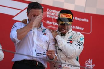 World © Octane Photographic Ltd. Formula 1 – Spanish GP - Sunday Podium. Mercedes AMG Petronas Motorsport AMG F1 W09 EQ Power+ - Lewis Hamilton (1st) with Peter Bonnington – Race Engineer. Circuit de Barcelona-Catalunya, Spain. Sunday 13th May 2018.