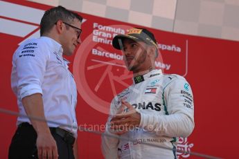 World © Octane Photographic Ltd. Formula 1 – Spanish GP - Sunday Podium. Mercedes AMG Petronas Motorsport AMG F1 W09 EQ Power+ - Lewis Hamilton (1st) with Peter Bonnington – Race Engineer. Circuit de Barcelona-Catalunya, Spain. Sunday 13th May 2018.