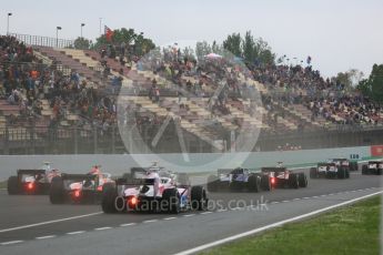 World © Octane Photographic Ltd. FIA Formula 2 (F2) – Spanish GP - Race1. The pack head into turn 1. Circuit de Barcelona-Catalunya, Spain. Saturday 12th May 2018.