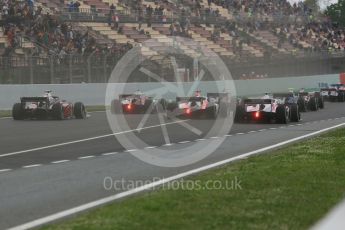 World © Octane Photographic Ltd. FIA Formula 2 (F2) – Spanish GP - Race1. The pack head into turn 1. Circuit de Barcelona-Catalunya, Spain. Saturday 12th May 2018.