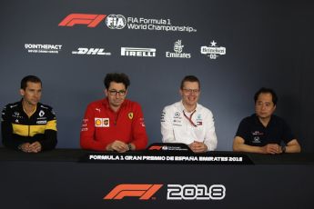 World © Octane Photographic Ltd. Formula 1 - Spanish GP – Friday Team Press Conference. Mattia Binotto – Chief Technical Officer - Scuderia Ferrari, Andy Cowell - Managing Director of Mercedes AMG High Performance Powertrains, Remi Taffin– Engine Technical Director at Renault Sport Formula 1 Team and Toyoharu Tanabe – Honda R & D Europe UK F1. Circuit de Barcelona-Catalunya, Spain. Friday 11th May 2018.