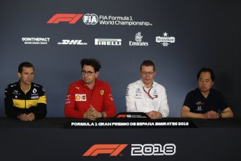 World © Octane Photographic Ltd. Formula 1 - Spanish GP – Friday Team Press Conference. Mattia Binotto – Chief Technical Officer - Scuderia Ferrari, Andy Cowell - Managing Director of Mercedes AMG High Performance Powertrains, Remi Taffin– Engine Technical Director at Renault Sport Formula 1 Team and Toyoharu Tanabe – Honda R & D Europe UK F1. Circuit de Barcelona-Catalunya, Spain. Friday 11th May 2018.