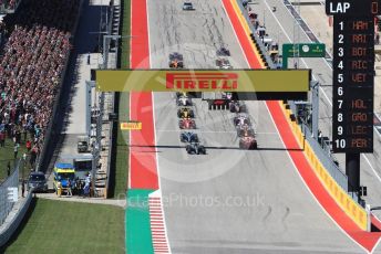 World © Octane Photographic Ltd. Formula 1 – United States GP – Race. Mercedes AMG Petronas Motorsport AMG F1 W09 EQ Power+ - Lewis Hamilton moves towards before Scuderia Ferrari SF71-H – Kimi Raikkonen takes the lead. Circuit of the Americas (COTA), USA. Sunday 21st October 2018.