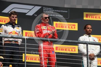 World © Octane Photographic Ltd. Formula 1 – United States GP - Podium. Scuderia Ferrari SF71-H – Kimi Raikkonen followed by Aston Martin Red Bull Racing TAG Heuer RB14 – Max Verstappen and Mercedes AMG Petronas Motorsport AMG F1 W09 EQ Power+ - Lewis Hamilton. Circuit of the Americas (COTA), USA. Sunday 21st October 2018.