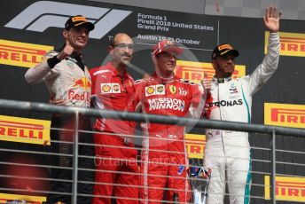 World © Octane Photographic Ltd. Formula 1 – United States GP - Podium. Scuderia Ferrari SF71-H – Kimi Raikkonen followed by Aston Martin Red Bull Racing TAG Heuer RB14 – Max Verstappen and Mercedes AMG Petronas Motorsport AMG F1 W09 EQ Power+ - Lewis Hamilton. Circuit of the Americas (COTA), USA. Sunday 21st October 2018.