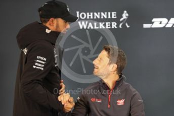 World © Octane Photographic Ltd. Formula 1 – United States GP - FIA Drivers’ Press Conference. Mercedes AMG Petronas Motorsport - Lewis Hamilton shakes hands with Haas F1 Team – Romain Grosjean. Circuit of the Americas (COTA), USA. Thursday 18th October 2018.