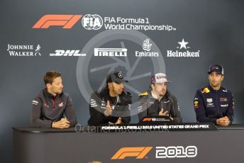 World © Octane Photographic Ltd. Formula 1 – United States GP - FIA Drivers’ Press Conference. McLaren – Fernando Alonso, Haas F1 Team – Romain Grosjean, Mercedes AMG Petronas Motorsport - Lewis Hamilton and Aston Martin Red Bull Racing TAG Heuer RB14 – Daniel Ricciardo. Circuit of the Americas (COTA), USA. Thursday 18th October 2018.