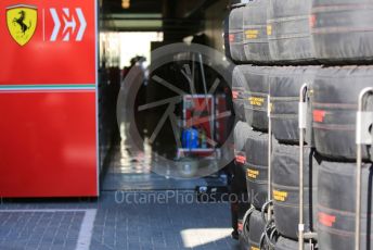 World © Octane Photographic Ltd. Formula 1 – Abu Dhabi GP - Practice 1. Scuderia Ferrari garage and Pirelli tyres. Yas Marina Circuit, Abu Dhabi, UAE. Friday 29th November 2019.