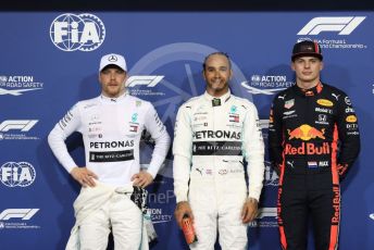 World © Octane Photographic Ltd. Formula 1 – Abu Dhabi GP - Qualifying. Mercedes AMG Petronas Motorsport AMG F1 W10 EQ Power+ - Lewis Hamilton, Valtteri Bottas and Aston Martin Red Bull Racing RB15 – Max Verstappen. Yas Marina Circuit, Abu Dhabi, UAE. Saturday 30th November 2019.