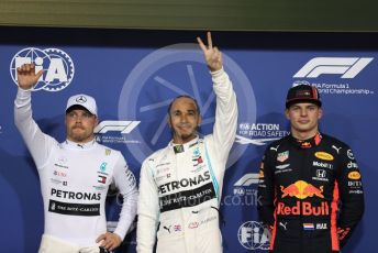 World © Octane Photographic Ltd. Formula 1 – Abu Dhabi GP - Qualifying. Mercedes AMG Petronas Motorsport AMG F1 W10 EQ Power+ - Lewis Hamilton, Valtteri Bottas and Aston Martin Red Bull Racing RB15 – Max Verstappen. Yas Marina Circuit, Abu Dhabi, UAE. Saturday 30th November 2019.