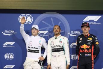 World © Octane Photographic Ltd. Formula 1 – Abu Dhabi GP - Qualifying. Mercedes AMG Petronas Motorsport AMG F1 W10 EQ Power+ - Lewis Hamilton, Valtteri Bottas and Aston Martin Red Bull Racing RB15 – Max Verstappen. Yas Marina Circuit, Abu Dhabi, UAE. Saturday 30th November 2019.