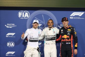 World © Octane Photographic Ltd. Formula 1 – Abu Dhabi GP - Qualifying. Mercedes AMG Petronas Motorsport AMG F1 W10 EQ Power+ - Lewis Hamilton, Valtteri Bottas and Aston Martin Red Bull Racing RB15 – Max Verstappen. Yas Marina Circuit, Abu Dhabi, UAE. Saturday 30th November 2019.