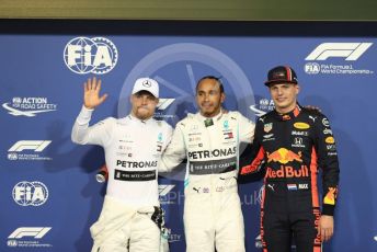 World © Octane Photographic Ltd. Formula 1 – Abu Dhabi GP - Qualifying. Mercedes AMG Petronas Motorsport AMG F1 W10 EQ Power+ - Lewis Hamilton, Valtteri Bottas and Aston Martin Red Bull Racing RB15 – Max Verstappen. Yas Marina Circuit, Abu Dhabi, UAE. Saturday 30th November 2019.