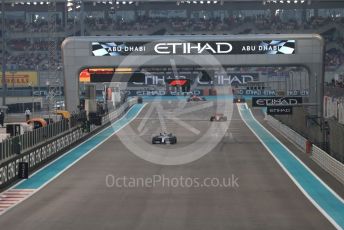 World © Octane Photographic Ltd. Formula 1 – Abu Dhabi GP - Race. Mercedes AMG Petronas Motorsport AMG F1 W10 EQ Power+ - Lewis Hamilton, Scuderia Ferrari SF90 – Charles Leclerc and Aston Martin Red Bull Racing RB15 – Max Verstappen. Yas Marina Circuit, Abu Dhabi, UAE. Sunday 1st December 2019.