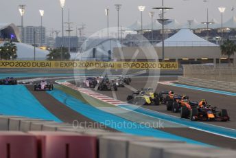 World © Octane Photographic Ltd. Formula 1 – Abu Dhabi GP - Race. SportPesa Racing Point RP19 - Sergio Perez and Scuderia Toro Rosso STR14 – Pierre Gasly (with missing front wing) run wide through turn1. Yas Marina Circuit, Abu Dhabi, UAE. Sunday 1st December 2019.