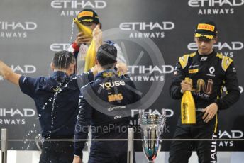 World © Octane Photographic Ltd. FIA Formula 2 (F2) – Abu Dhabi GP - Race 1. DAMS - Sergio Sette Camara, Carlin - Nobuharu Matsushita and Virtuosi Racing - Guanyu Zhou with DAMS team boss - Francois Sicard. Yas Marina Circuit, Abu Dhabi, UAE. Saturday 30th November 2019.