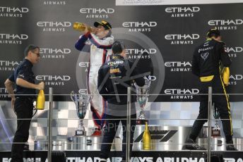 World © Octane Photographic Ltd. FIA Formula 2 (F2) – Abu Dhabi GP - Race 1. DAMS - Sergio Sette Camara, Carlin - Nobuharu Matsushita and Virtuosi Racing - Guanyu Zhou with DAMS team boss - Francois Sicard. Yas Marina Circuit, Abu Dhabi, UAE. Saturday 30th November 2019.