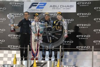 World © Octane Photographic Ltd. FIA Formula 2 (F2) – Abu Dhabi GP - Race 1. DAMS - Sergio Sette Camara, Carlin - Nobuharu Matsushita and Virtuosi Racing - Guanyu Zhou with DAMS team boss - Francois Sicard. Yas Marina Circuit, Abu Dhabi, UAE. Saturday 30th November 2019.