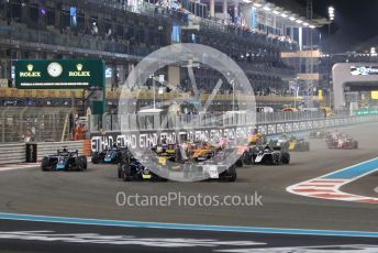 World © Octane Photographic Ltd. FIA Formula 2 (F2) – Abu Dhabi GP - Race 1. Sauber Junior Team - Callum Ilott leads into turn 1 on the 1st lap. Yas Marina Circuit, Abu Dhabi, UAE. Saturday 30th November 2019.