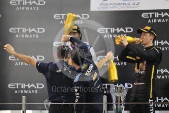 World © Octane Photographic Ltd. FIA Formula 2 (F2) – Abu Dhabi GP - Race 1. DAMS - Sergio Sette Camara, Carlin - Nobuharu Matsushita and Virtuosi Racing - Guanyu Zhou with DAMS team boss - Francois Sicard. Yas Marina Circuit, Abu Dhabi, UAE. Saturday 30th November 2019.