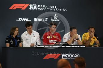 World © Octane Photographic Ltd. Formula 1 - Abu Dhabi GP - Friday FIA Team Press Conference. Mattia Binotto – Team Principal of Scuderia Ferrari, Zak Brown - Executive Director of McLaren Technology Group, Cyril Abiteboul - Managing Director of Renault Sport Racing Formula 1 Team, Toto Wolff - Executive Director & Head of Mercedes - Benz Motorsport and Claire Williams - Deputy Team Principal of ROKiT Williams Racing. Yas Marina Circuit, Abu Dhabi, UAE. Friday 29th November 2019.