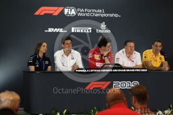 World © Octane Photographic Ltd. Formula 1 - Abu Dhabi GP - Friday FIA Team Press Conference. Mattia Binotto – Team Principal of Scuderia Ferrari, Zak Brown - Executive Director of McLaren Technology Group, Cyril Abiteboul - Managing Director of Renault Sport Racing Formula 1 Team, Toto Wolff - Executive Director & Head of Mercedes - Benz Motorsport and Claire Williams - Deputy Team Principal of ROKiT Williams Racing. Yas Marina Circuit, Abu Dhabi, UAE. Friday 29th November 2019.