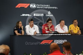 World © Octane Photographic Ltd. Formula 1 - Abu Dhabi GP - Friday FIA Team Press Conference. Mattia Binotto – Team Principal of Scuderia Ferrari, Zak Brown - Executive Director of McLaren Technology Group, Cyril Abiteboul - Managing Director of Renault Sport Racing Formula 1 Team, Toto Wolff - Executive Director & Head of Mercedes - Benz Motorsport and Claire Williams - Deputy Team Principal of ROKiT Williams Racing. Yas Marina Circuit, Abu Dhabi, UAE. Friday 29th November 2019.