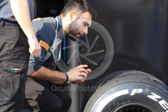 World © Octane Photographic Ltd. Formula 1 – Abu Dhabi Pirelli Tyre Test. Pirelli technicians inspect the tyres. Yas Marina Circuit, Abu Dhabi, UAE. Tuesday 3rd December 2019.