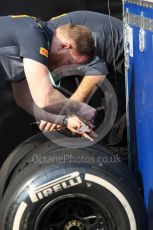 World © Octane Photographic Ltd. Formula 1 – Abu Dhabi Pirelli Tyre Test. Pirelli technicians inspect the tyres. Yas Marina Circuit, Abu Dhabi, UAE. Tuesday 3rd December 2019.