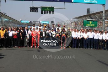 World © Octane Photographic Ltd. Formula 1 – Australian GP Class of 2019 drivers, Team Bosses, Liberty Media and FIA with "Thank You Charlie" sign for Charlie Whiting . Rich Energy Haas F1 Team VF19 – Romain Grosjean. Melbourne, Australia. Sunday 17th March 2019.