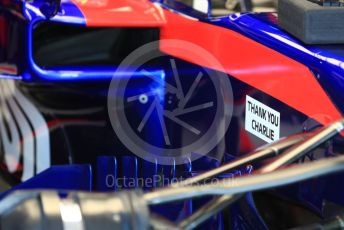 World © Octane Photographic Ltd. Formula 1 – Australian GP Practice 3. Scuderia Toro Rosso STR14 Thank You Charlie marking on bodywork for Charlie Whiting. Saturday 16th Melbourne, Australia. Saturday 16th March 2019.