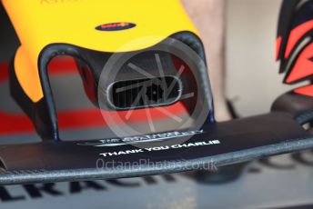 World © Octane Photographic Ltd. Formula 1 – Australian GP Practice 3. Aston Martin Red Bull Racing RB15 Thank You Charlie marking on nose for Charlie Whiting. Saturday 16th Melbourne, Australia. Saturday 16th March 2019.
